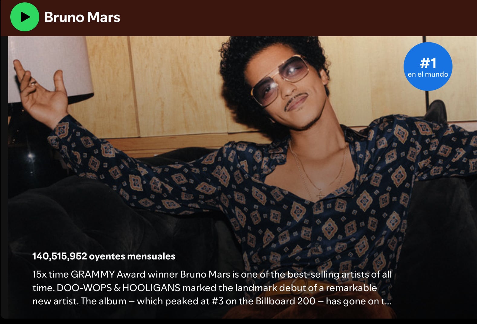 Bruno Mars es el más escuchado en Spotify