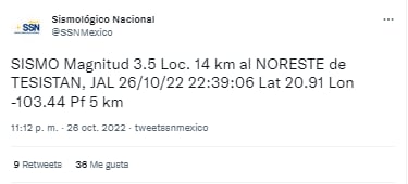Se registra sismo hoy en Tesistán, el epicentro fue en Tesistán