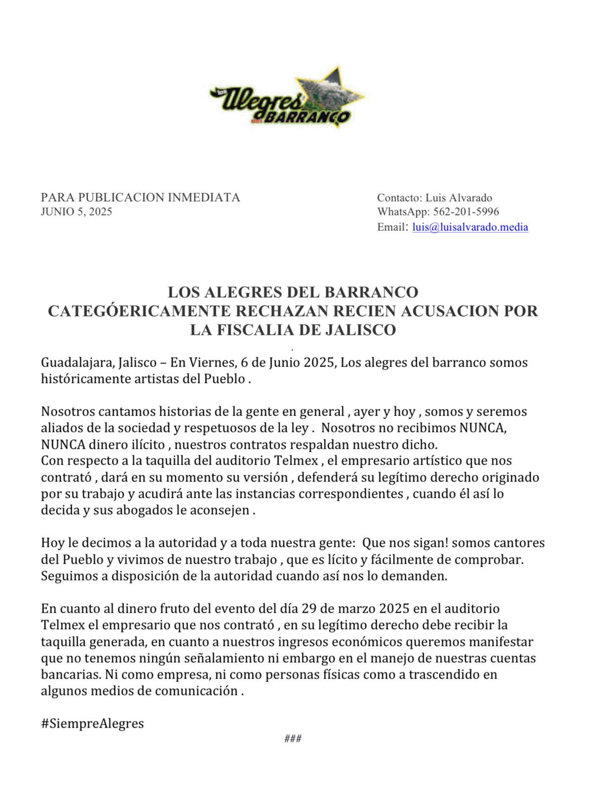 Los Alegres del Barranco comparten enérgico mensaje ante nuevas acusaciones