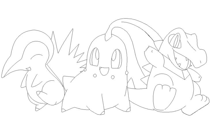 Un dibujo para colorear de Chikorita con los iniciales de Johto
