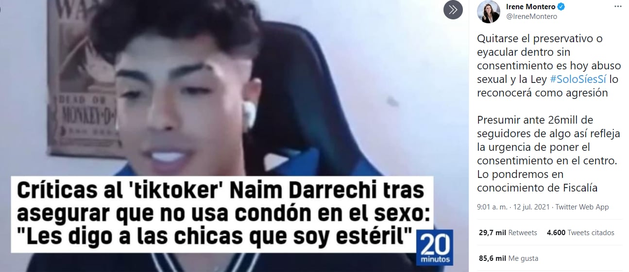 Irene Montero dice que Naim Darrechi podría ser sentenciado por abuso sexual.