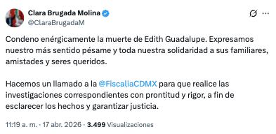 Clara Brugada condena feminicidio de Edith Guadalupe Valdez Saldívar