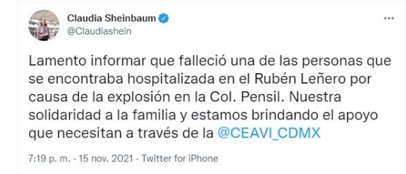 Explosión en la Pensil: Sheinbaum reporta la muerte de una segunda persona