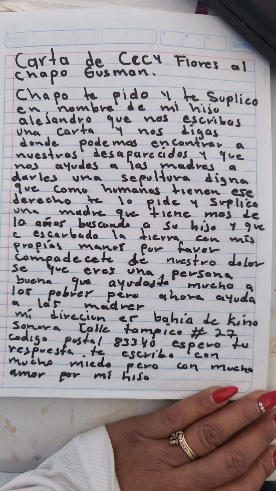 Ceci Flores envía carta a El Chapo Guzmán por su hijo desaparecido