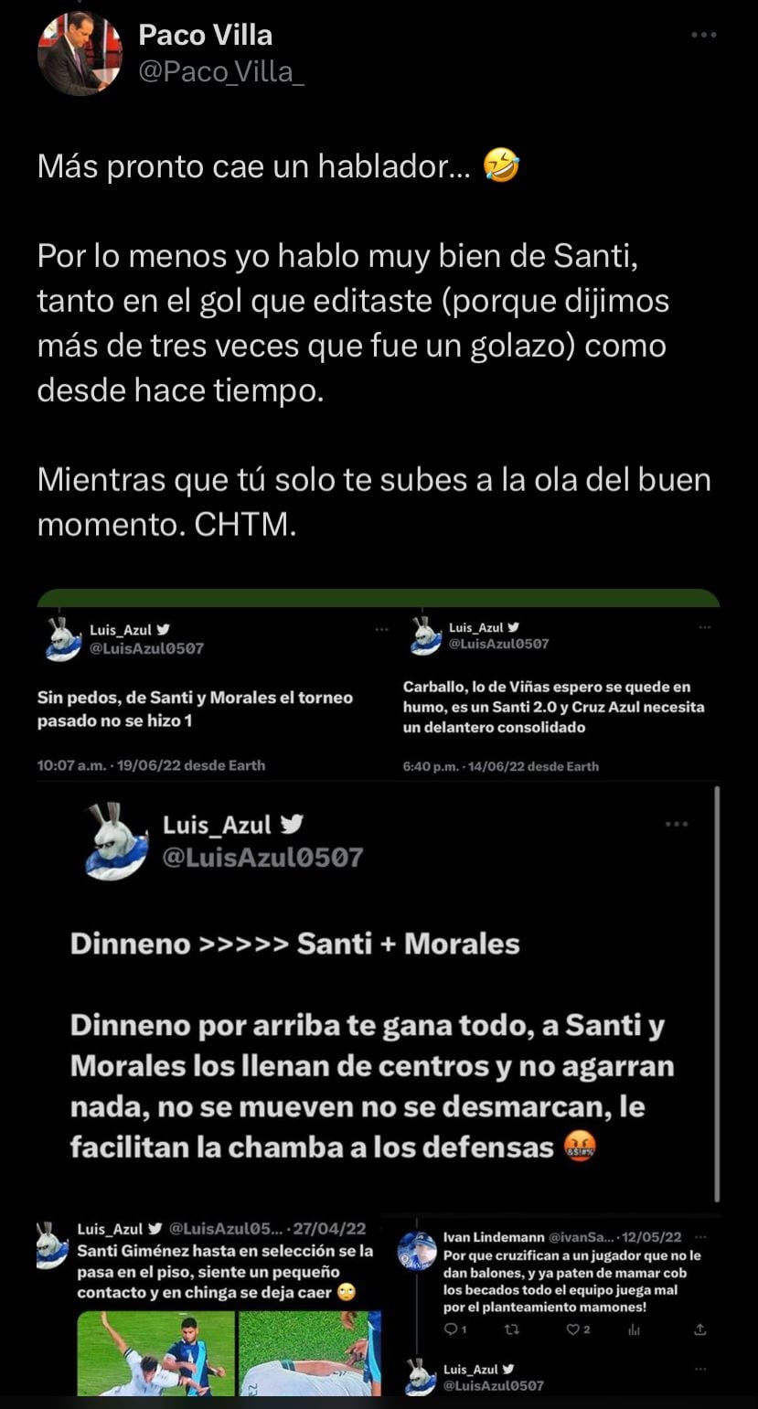Paco Villa exhibió al aficionado de Cruz Azul que lo tundió por haberle "dado crédito" a Henry Martín por el gol de Santiago Giménez.