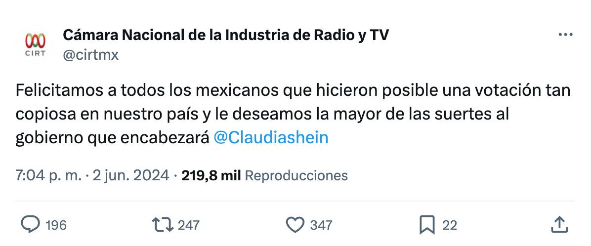 CIRT felicita a Claudia Sheinbaum por ganar las elecciones 2024