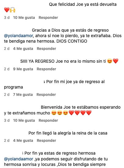 Fans de Yolanda Andrade agradecen su regreso a Montse y Joe.