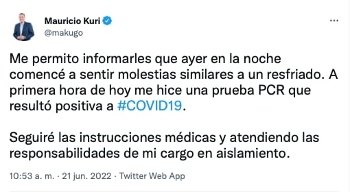 Mauricio Kuri da positivo a Covid-19/@makugo