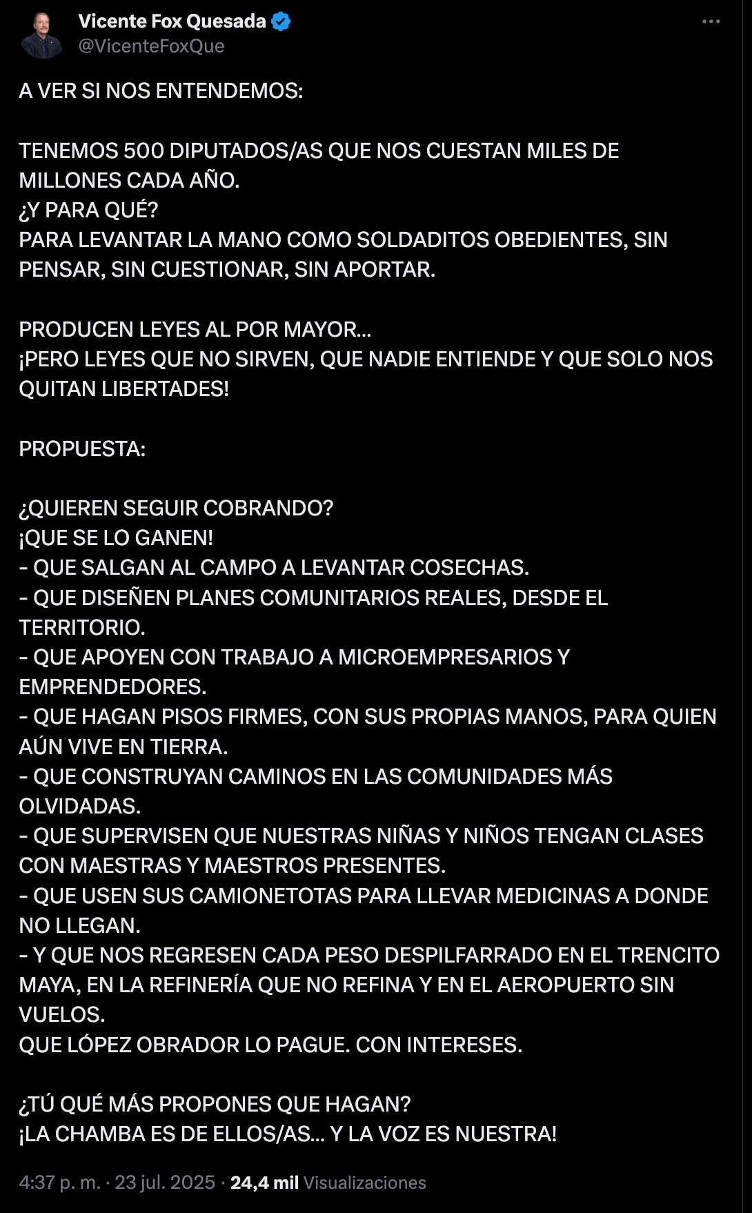 Vicente Fox explotó contra Cámara de Diputados; les propuso ganarse su sueldo de esta manera