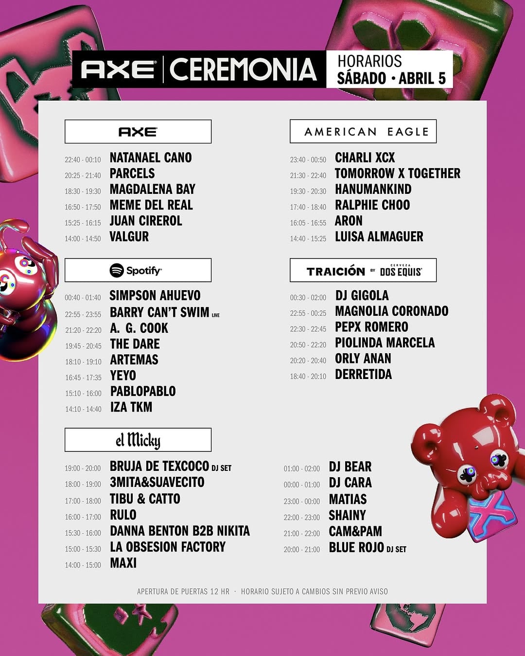 Axe Ceremonia 2025 Horarios por día y escenario