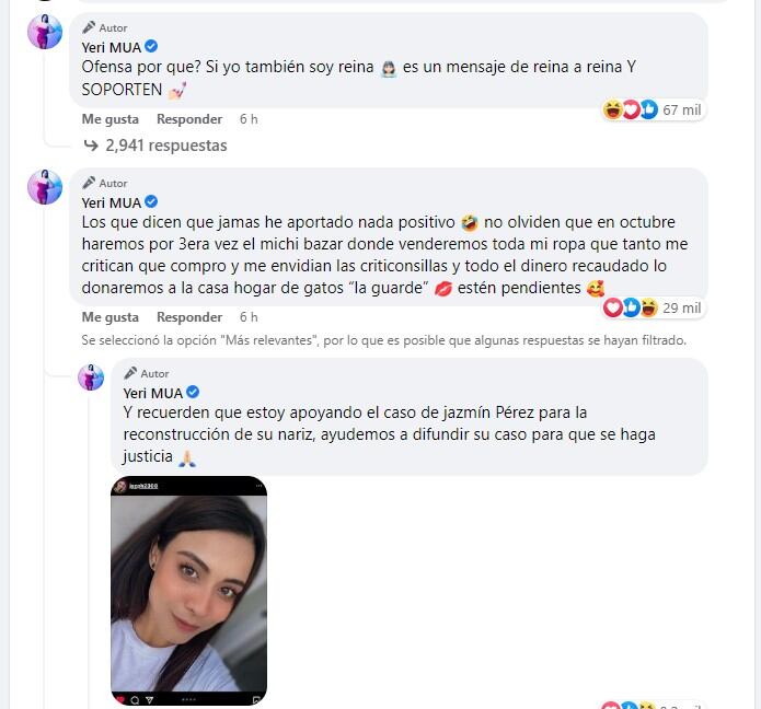 Comentarios de Yeri Mua en Facebook