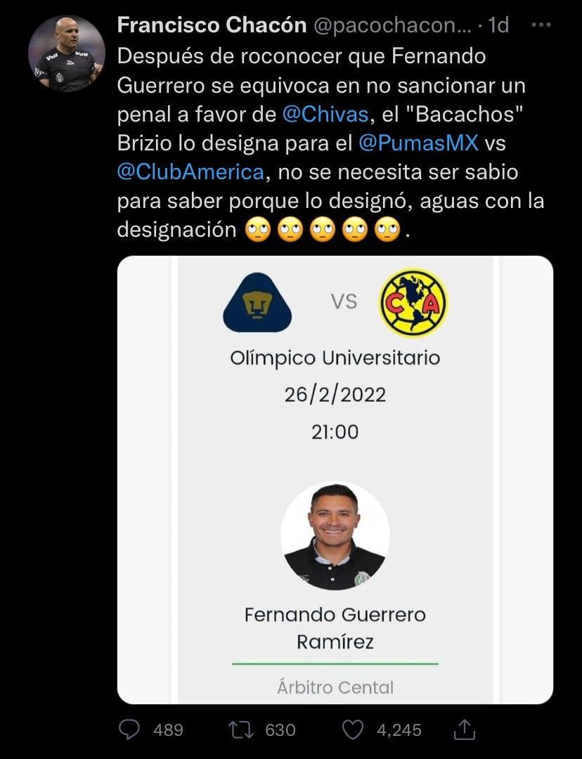 Opinión de Paco Chacón por la designación de Fernando Guerrero para el Clásico Capitalino.