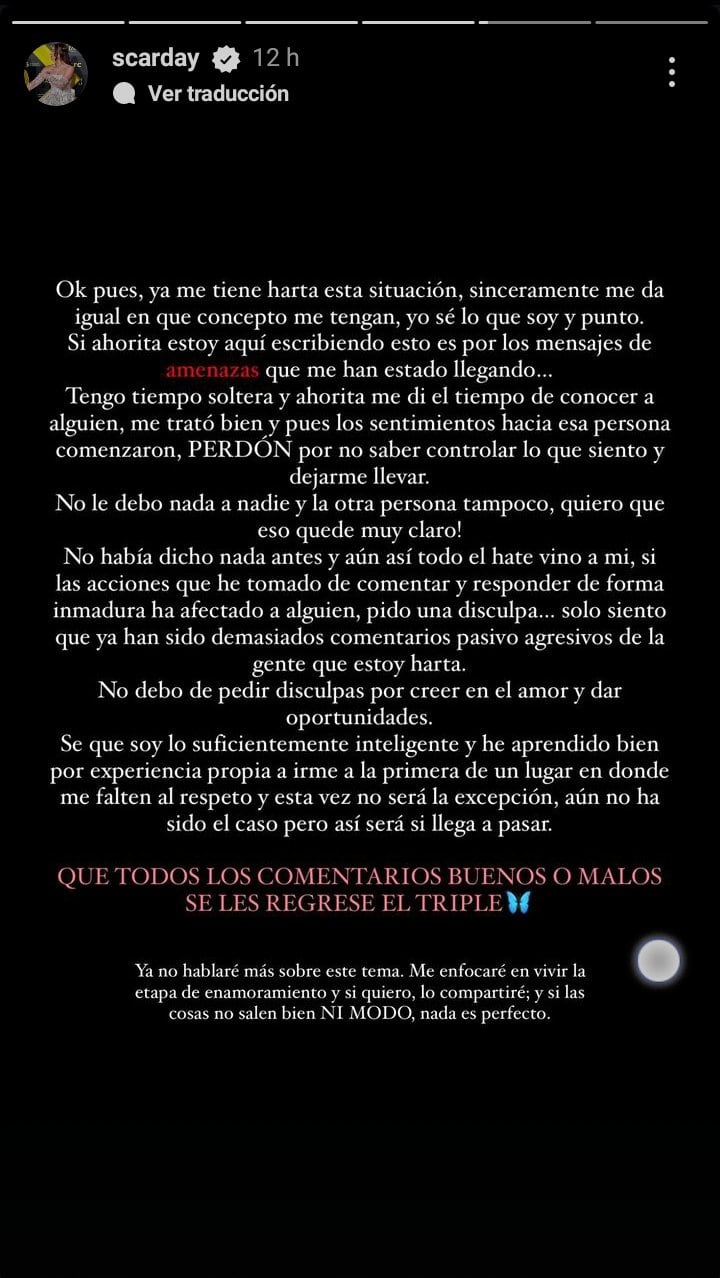 Scarday se pronuncia sobre su relación con Ian Orozco.