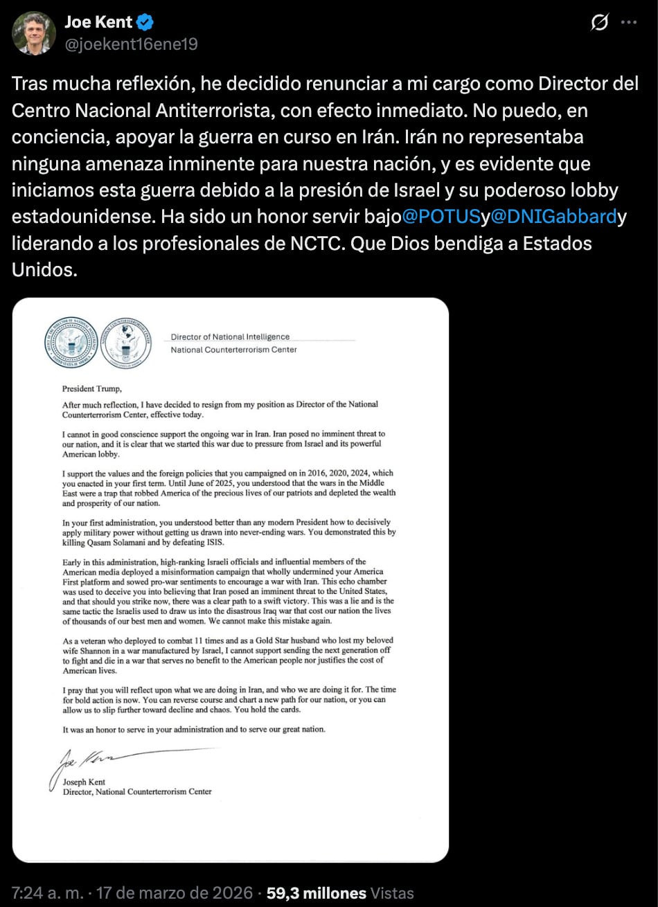 Joe Kent renuncia cargo en Centro Nacional de Antiterrorismo por guerra en Irán