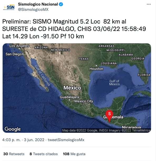 El Servicio Sismológico Nacional registró un sismo de 5.2 grados  en el estado de Chiapas.