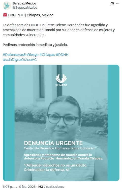 Poulette Celene sufre amenazas y agresión en Chiapas; solicitan protección