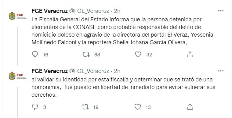 Tuit de la Fiscalía de Veracruz