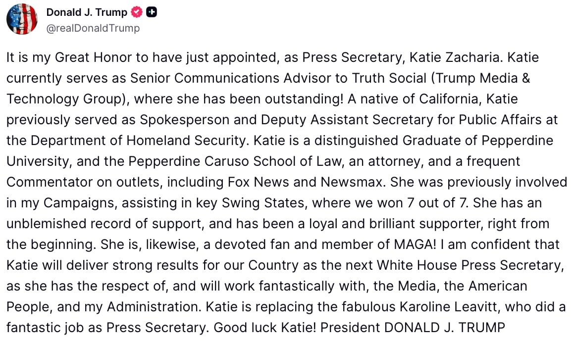 Donald Trump anuncia nombramiento de Kathie Zacharia