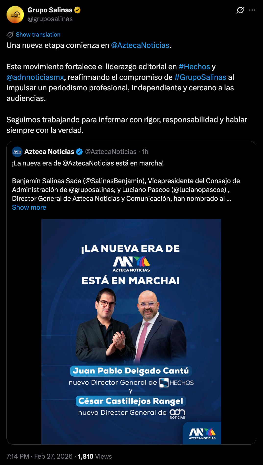 Grupo Salinas anuncia cambios directivos en TV Azteca