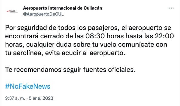 Aeropuerto Internacional de Culiacán permanecerá cerrado hasta las 22:30 horas por detención de Ovidio Guzmán