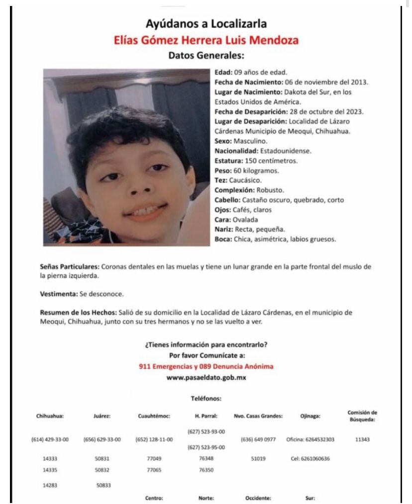 Fichas de búsqueda de menores estadounidenses desaparecidos en Chihuahua / Captura de pantalla