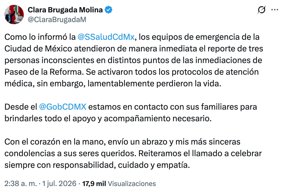 Clara Brugada confirma tres muertes tras festejos por el México vs Ecuador del Mundial 2026