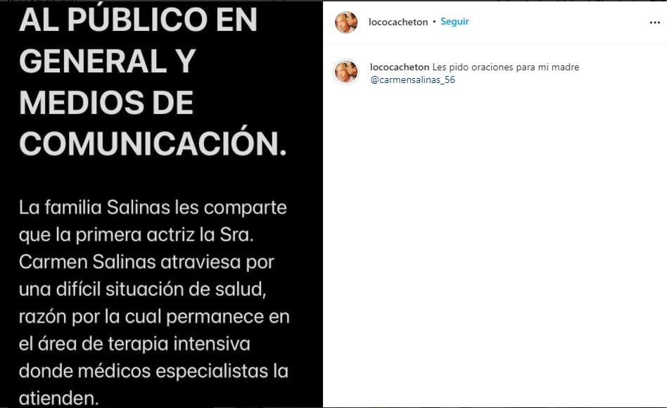 Jorge Nieto pide oraciones para Carmen Salinas.