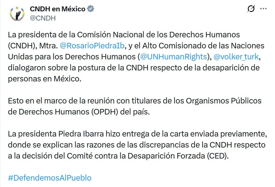 CNDH da respuesta a informe de la ONU con carta a Volker Türk
