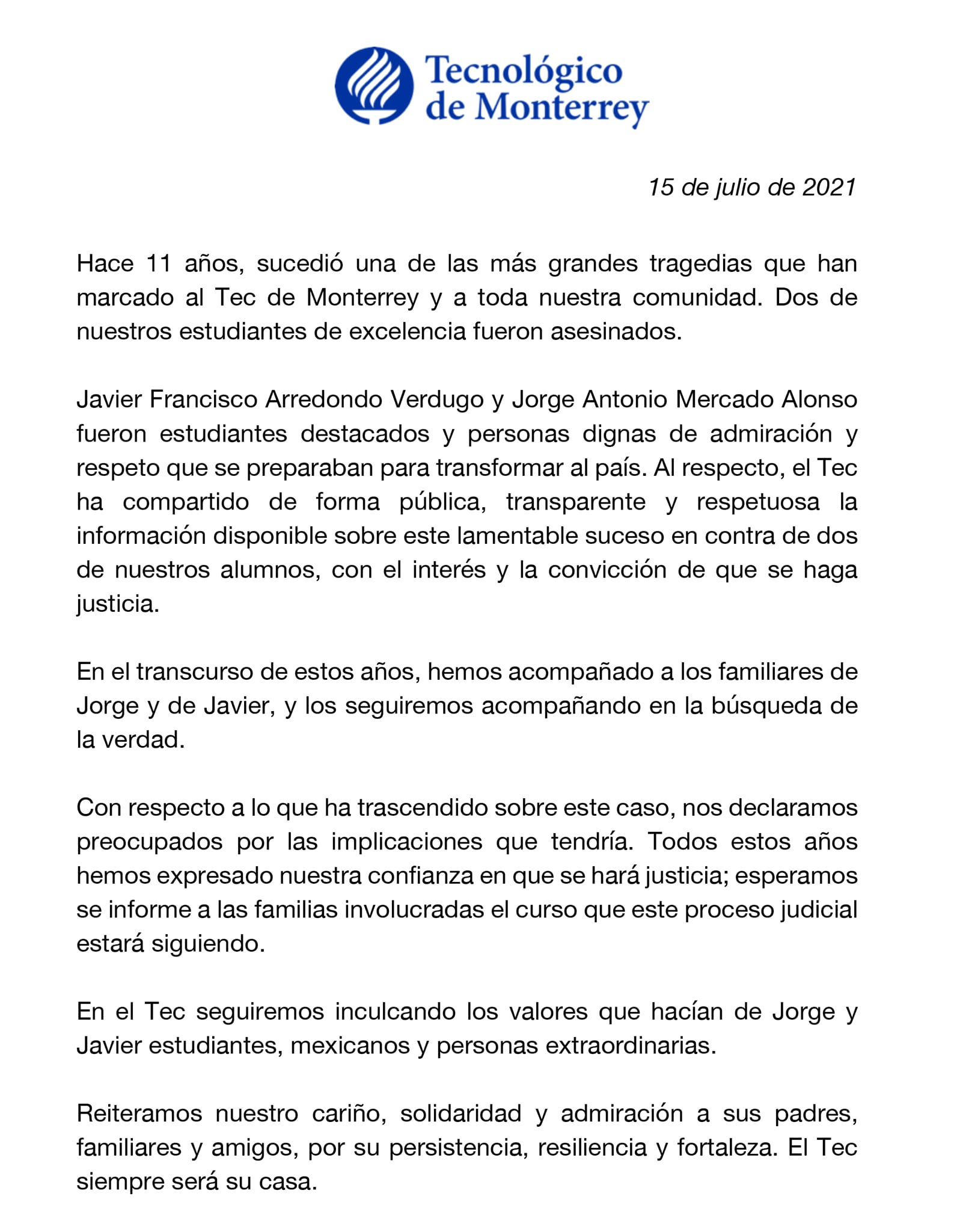 Comunicado del Tec de Monterrey