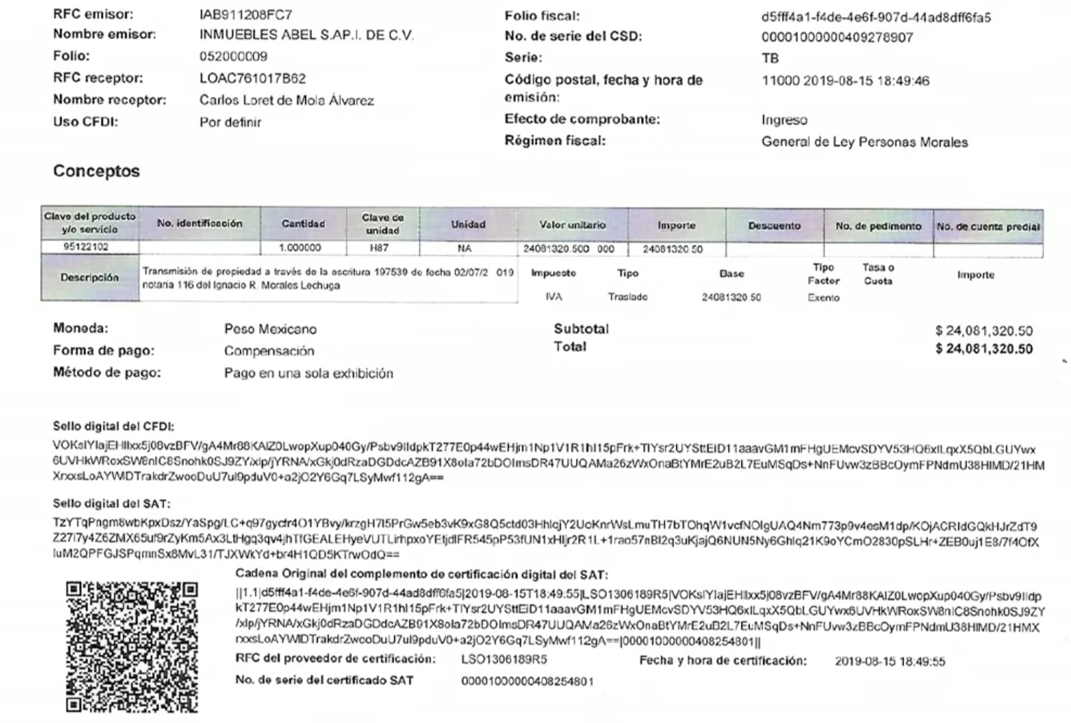 Factura del depto. de Carlos Loret de Mola
