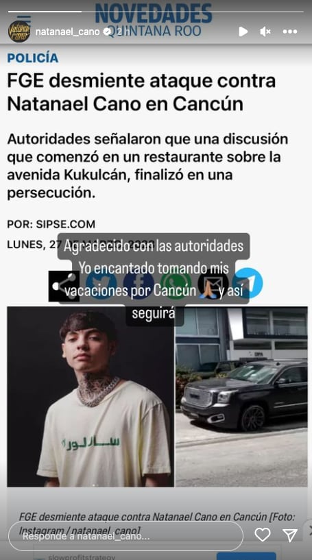 Natanael Cano seguirá de vacaciones por Cancún tras ataque