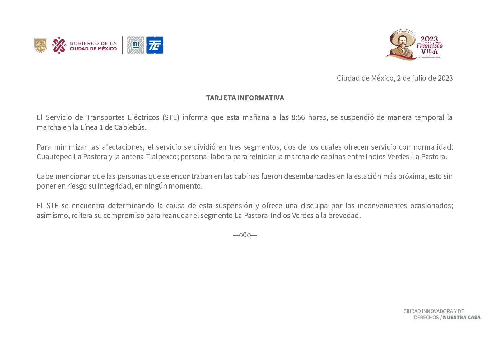 Comunicado suspensión Línea 1 Cablebús CDMX