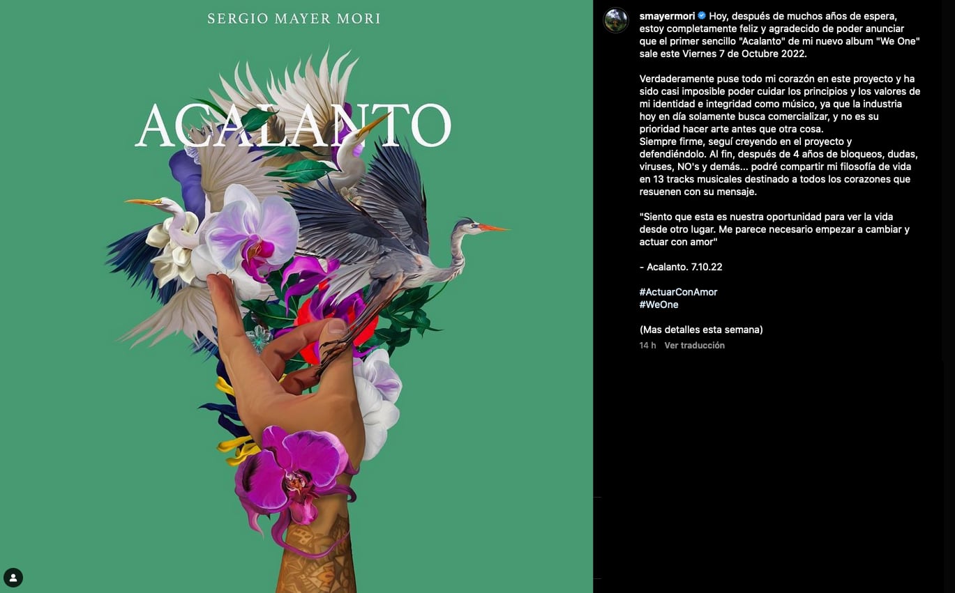 Sergio Mayer Mori lanza "Acalanto" tras 4 años de trabajar en su disco We One.