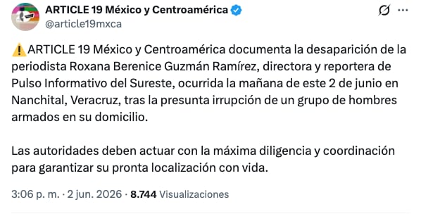 Artículo 19 sobre caso Roxana Berenice Guzmán Ramírez
