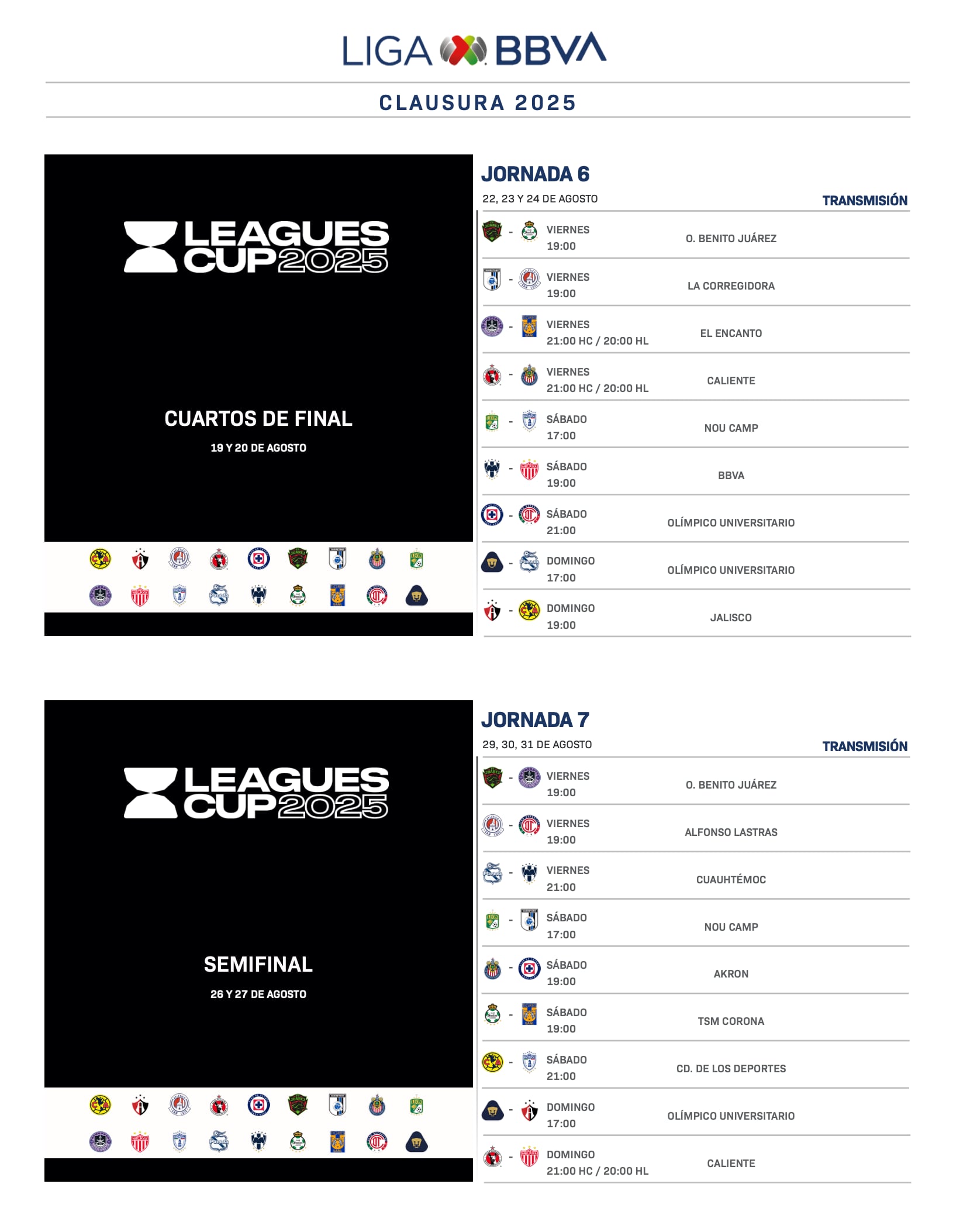 Calendario del Apertura 2025 de la Liga MX.