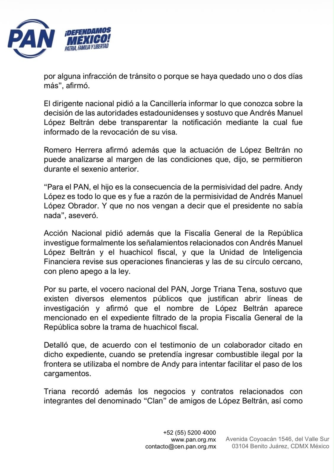 Comunicado del PAN contra López Beltrán