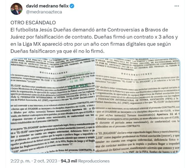 David Medrano compartió en redes el caso expuesto por Jesús Dueñas y el FC Juárez.