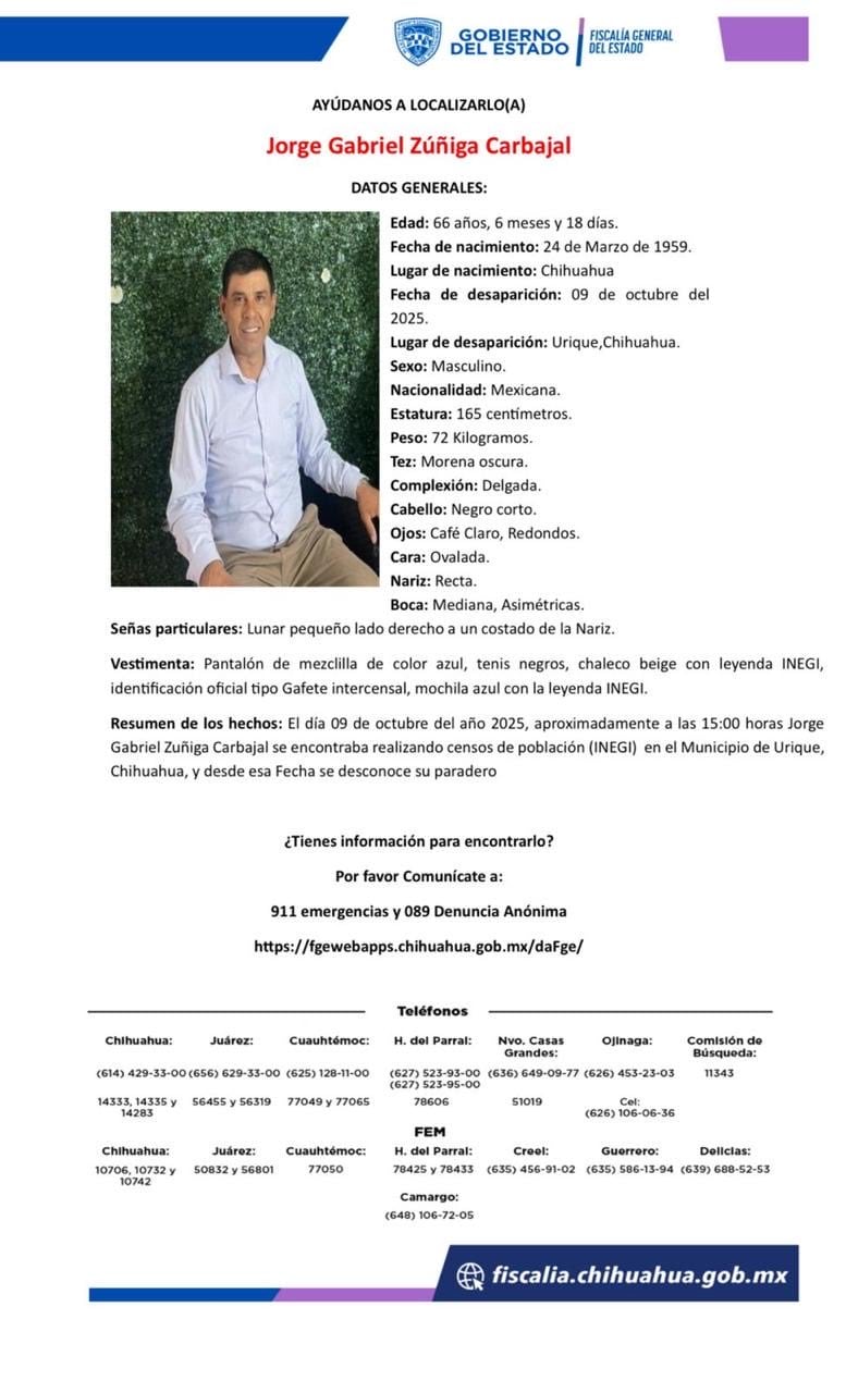 Jorge Gabriel Zúñiga, encuestador del INEGI, desaparecido en la Sierra Tarahumara
