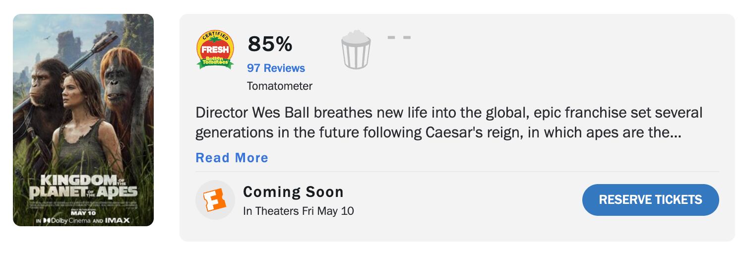 Calificación en Rotten Tomatoes de El Planeta de los Simios: Nuevo Reino