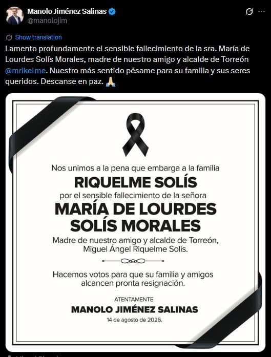Muere madre de Miguel Ángel Riquelme, alcalde de Torreón