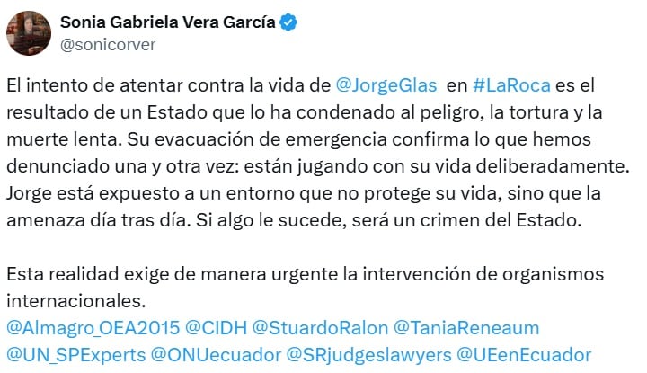 Abogada de Jorge Glas denuncia atentado en su contra