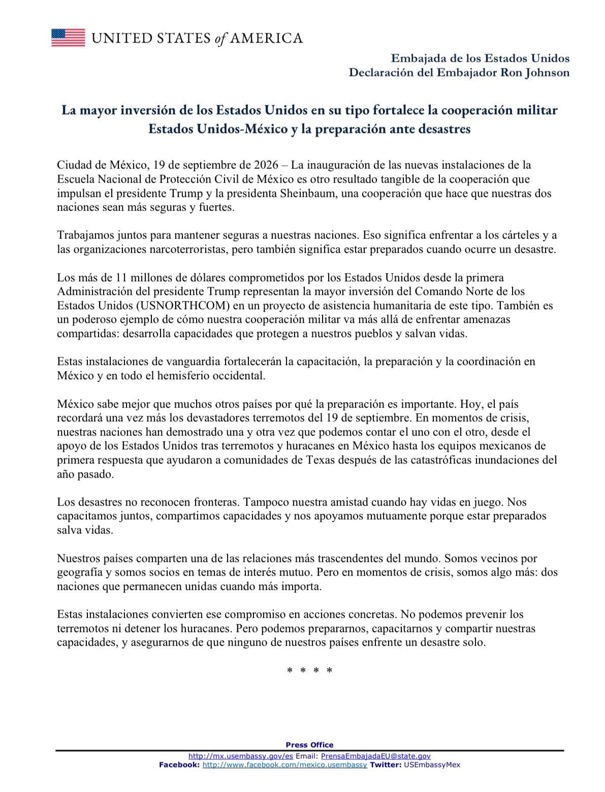 Ronald Johnson resalta cooperación bilateral en la Escuela de Protección Civil