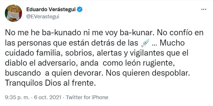 Eduardo Verástegui tuitea contra las vacunas