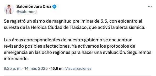 Salomón Jara sobre el sismo hoy 14 de marzo 2025