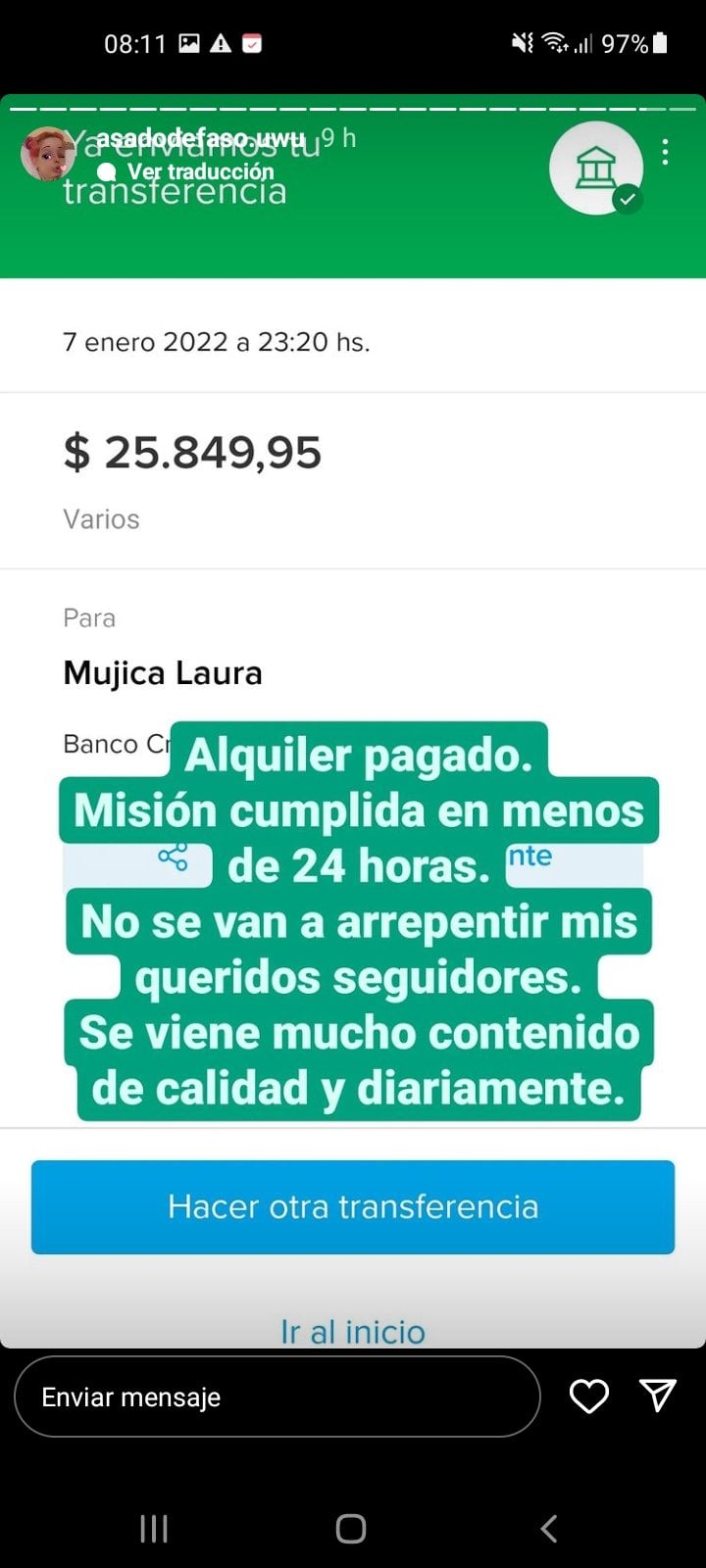 Instagram storie de la youtuber que pidió dinero