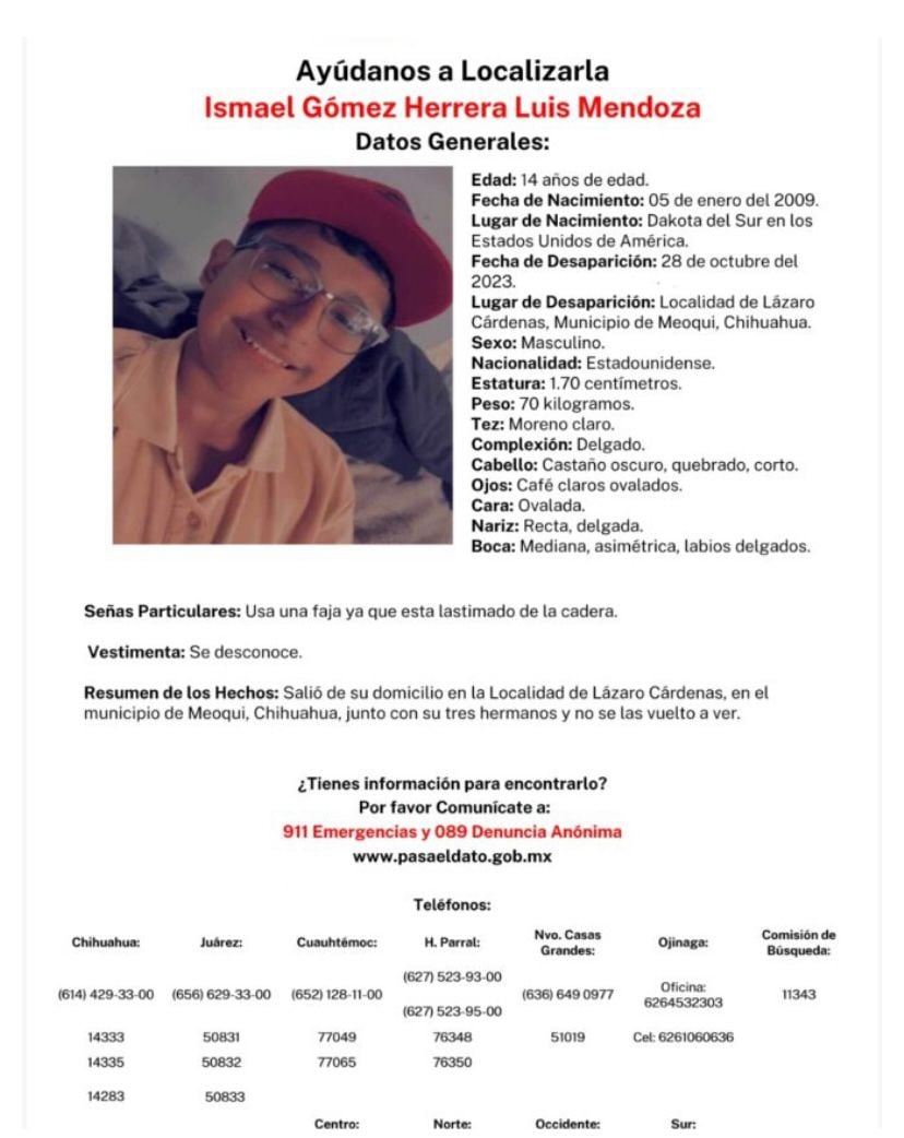 Fichas de búsqueda de menores estadounidenses desaparecidos en Chihuahua / Captura de pantalla