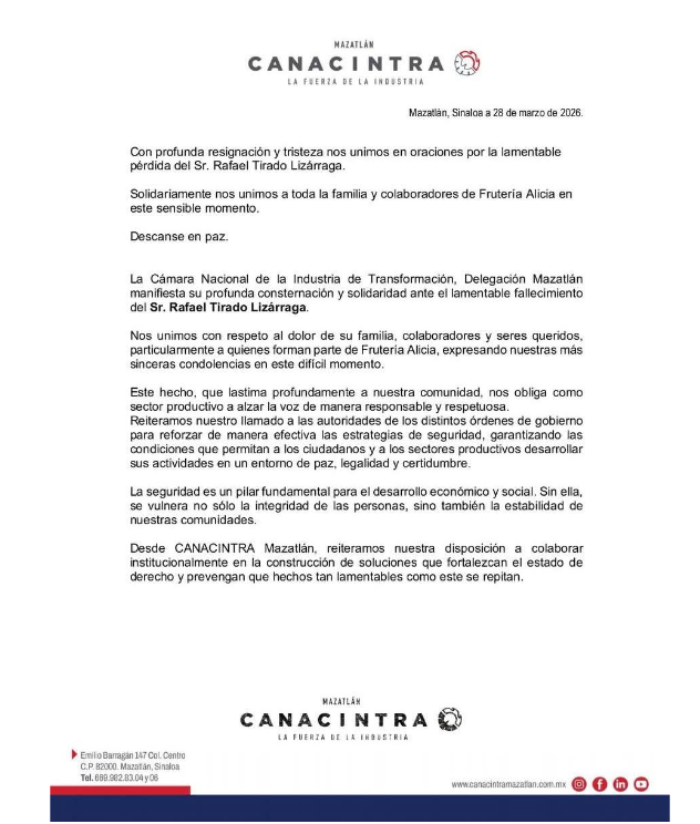 Comunicado de Canacintra Mazatlán sobre el asesinato de Rafael Tirado.