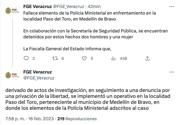 Fiscalía de Veracruz confirma que un policía murió por enfrentamiento