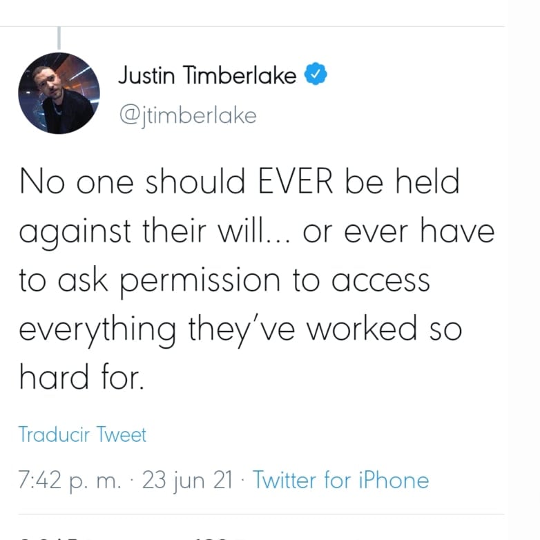 Tweet de Justin Timberlake sobre Britney Spears.