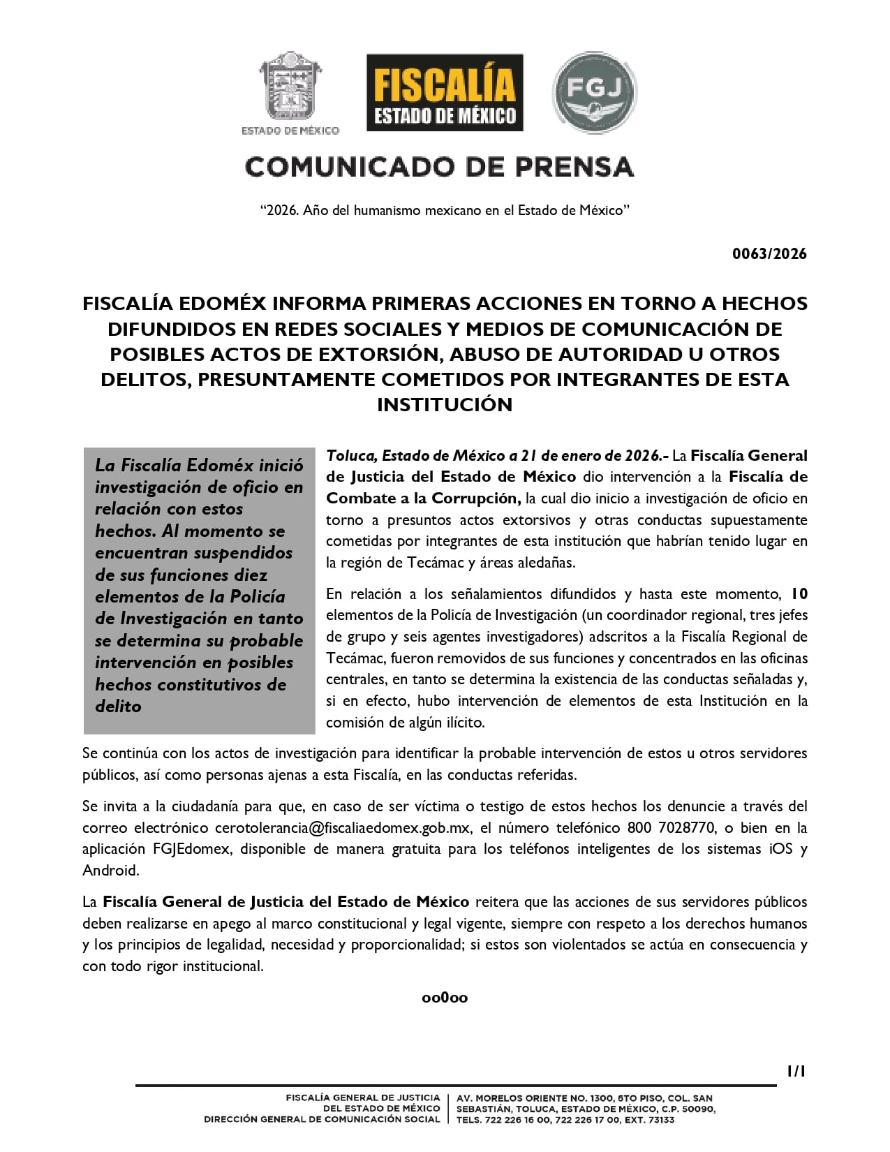 Fiscalía del Edomex separa a 10 policías investigadores por presunta extorsión
